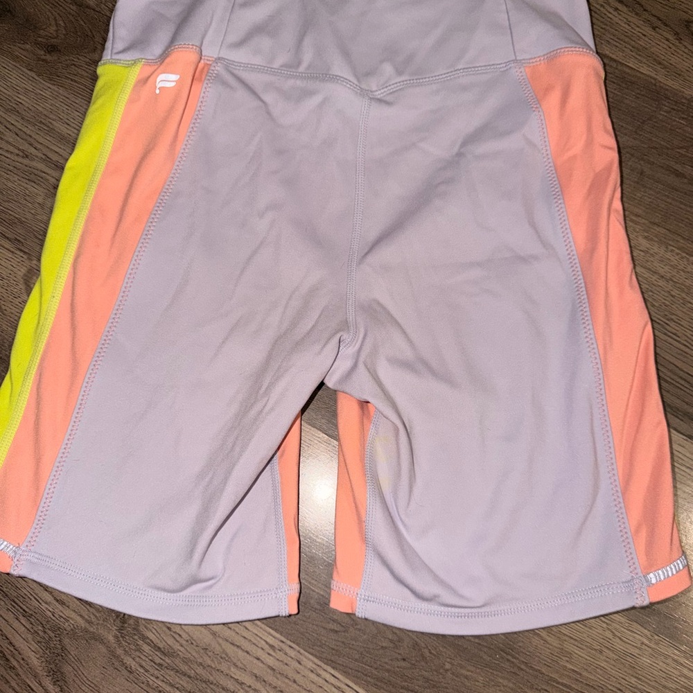 Fabletics Lavender Bike Shorts with Peach Panels and Neon Yellow Accent